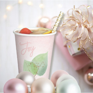Botanical Watercolor Sage Green Pink Glitter Joy Paper Cups