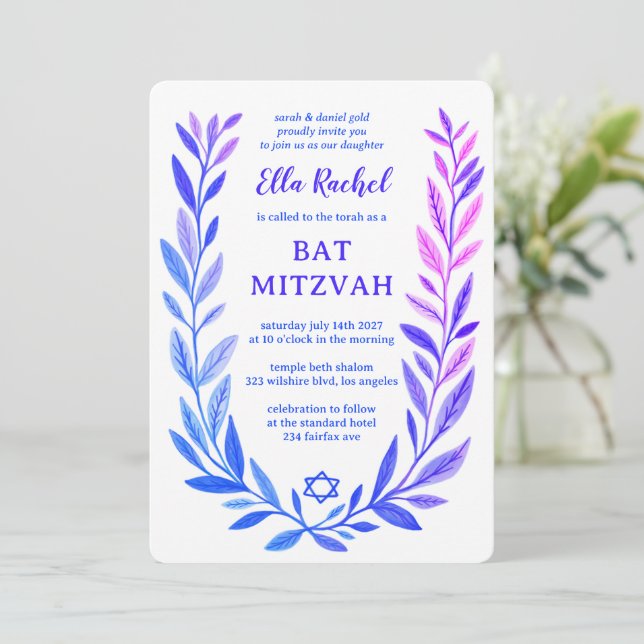 Botanical Watercolor Star of David Bar Bat Mitzvah Invitation (Standing Front)