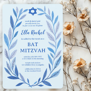 Botanical Watercolor Star of David Bar Bat Mitzvah Invitation