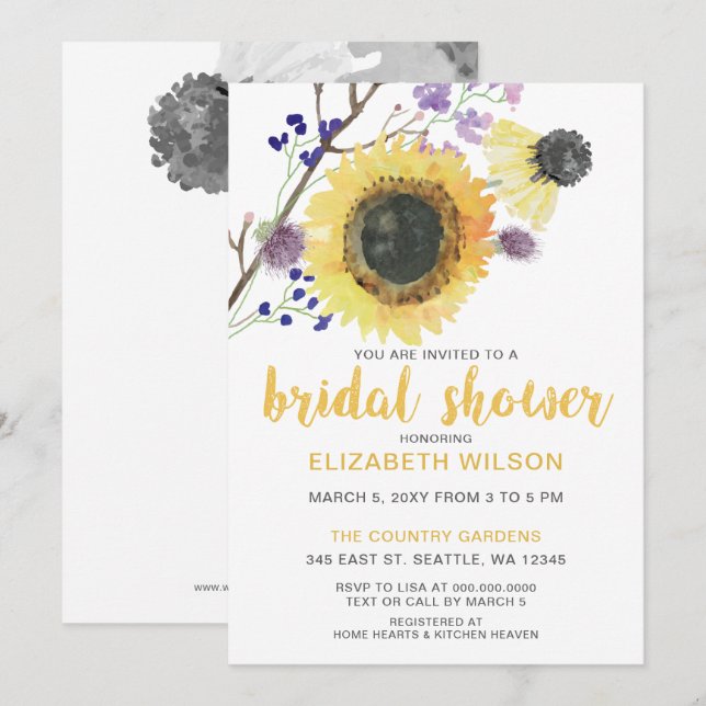 Botanical Watercolor Sunflowers Bridal Shower Invitation (Front/Back)