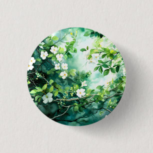 Botanical Watercolor White Blossoms Green Leaves 3 Cm Round Badge