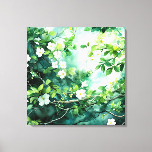 Botanical Watercolor White Blossoms Green Leaves Canvas Print