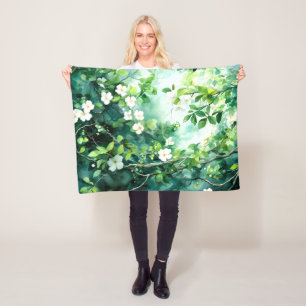 Botanical Watercolor White Blossoms Green Leaves Fleece Blanket