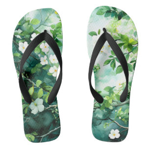 Botanical Watercolor White Blossoms Green Leaves Flip Flops