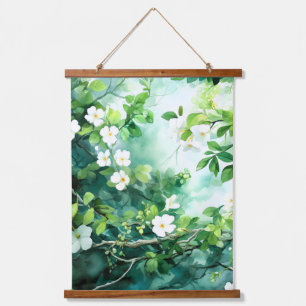Botanical Watercolor White Blossoms Green Leaves Hanging Tapestry