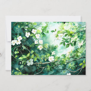 Botanical Watercolor White Blossoms Green Leaves Holiday Card