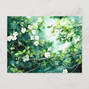 Botanical Watercolor White Blossoms Green Leaves Holiday Postcard