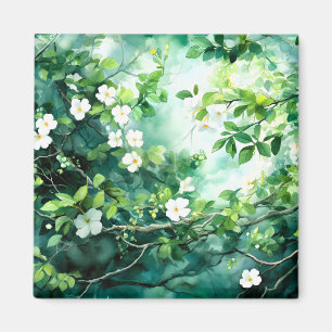 Botanical Watercolor White Blossoms Green Leaves Magnet
