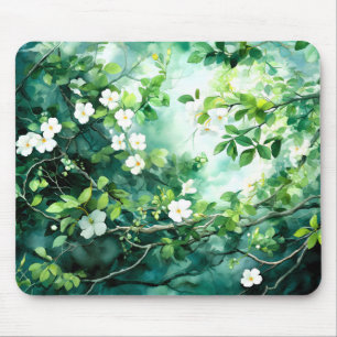 Botanical Watercolor White Blossoms Green Leaves Mouse Mat