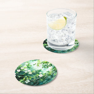 Botanical Watercolor White Blossoms Green Leaves Round Paper Coaster