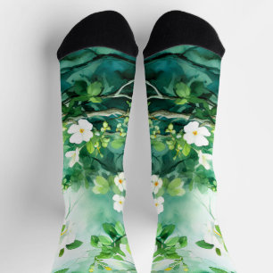 Botanical Watercolor White Blossoms Green Leaves Socks