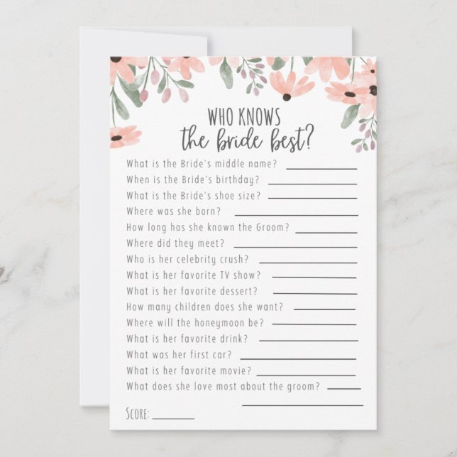 Botanical Watercolor Who Knows the Bride Best Game Announcement (Front)
