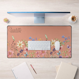 Botanical Watercolor Wildflowers  Peach Desk Mat