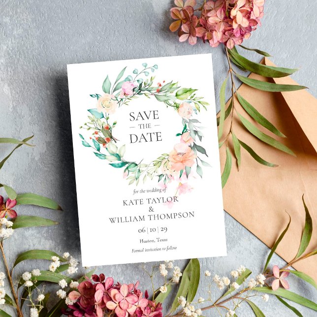 Botanical Watercolour Floral Garland Save the Date Postcard (Creator Uploaded)