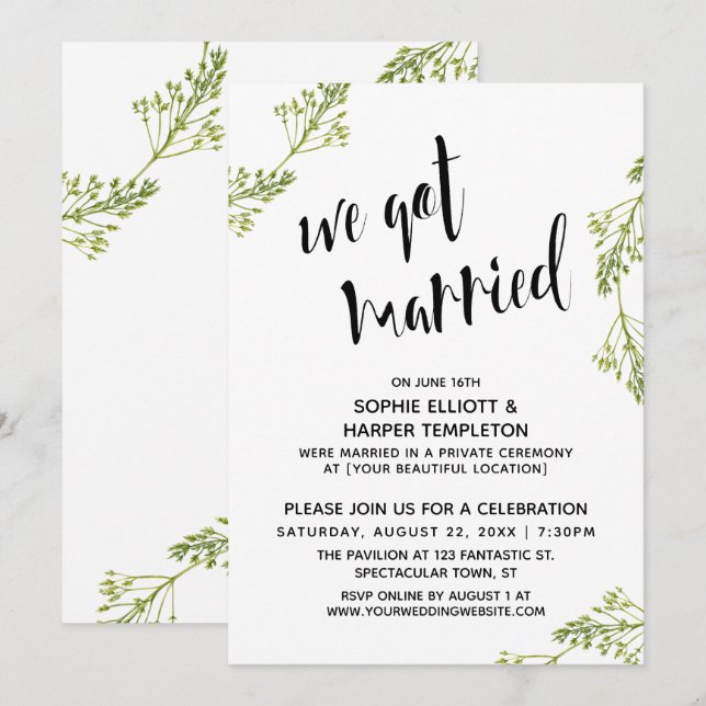 Botanical We Got Married Typography Post Wedding Invitation (Front/Back)
