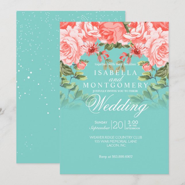 Botanical Wedding Coral Floral  on Teal Invitation (Front/Back)