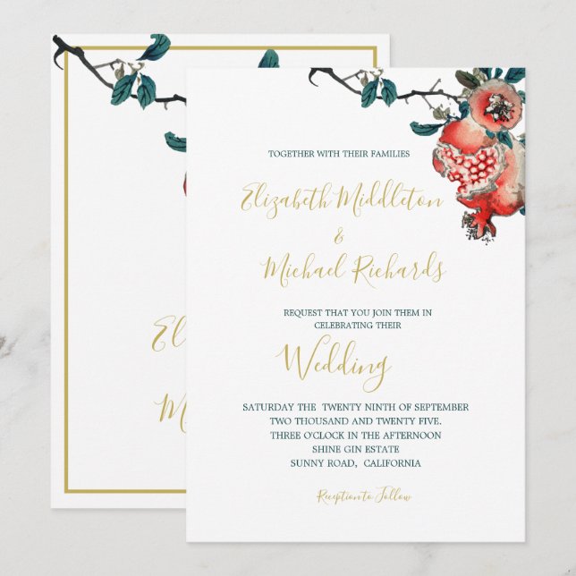 Botanical Wedding Gold Elegant Modern Pomegranate Invitation (Front/Back)
