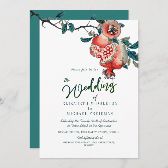 Botanical Wedding Green Leaves Modern Pomegranate Invitation (Front/Back)