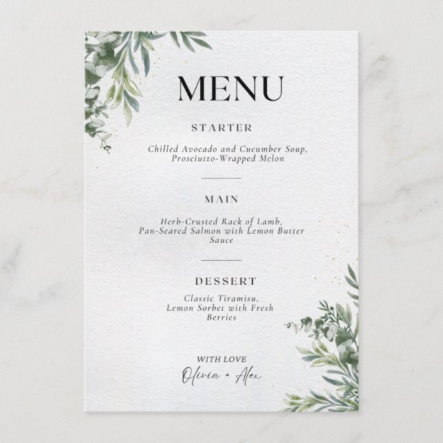 Botanical Wedding Menu – Elegant Green Leaf Illust (Front)