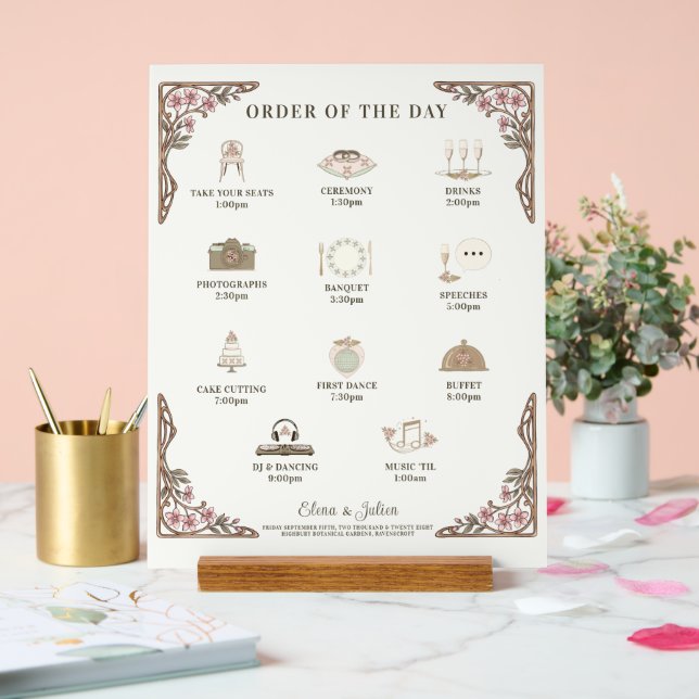 Botanical Wedding Order of the Day Acrylic Sign (Wedding)