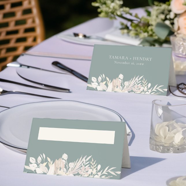 Botanical Wedding Sage Green Personalised Place Card (Sage Green Elegant Wedding Reception Place Cards - Foliage Duet wedding collection)