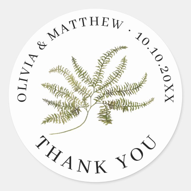 Botanical Wedding Thank You | Minimalist Fern Classic Round Sticker (Front)