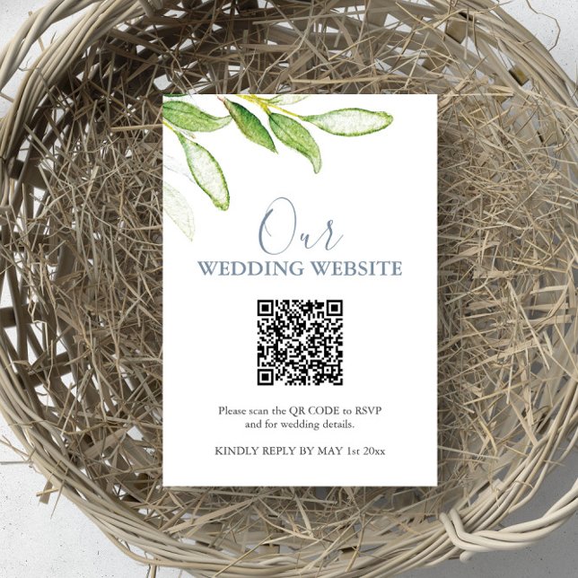 Botanical Wedding Website RSVP Card with QR Code (rsvp card wedding website QR code watercolor greenery art by Victoria Grigaliunas of Do Tell A Belle)