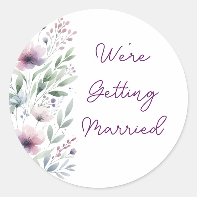 Botanical We're Getting Married Classic Round Sticker (Front)
