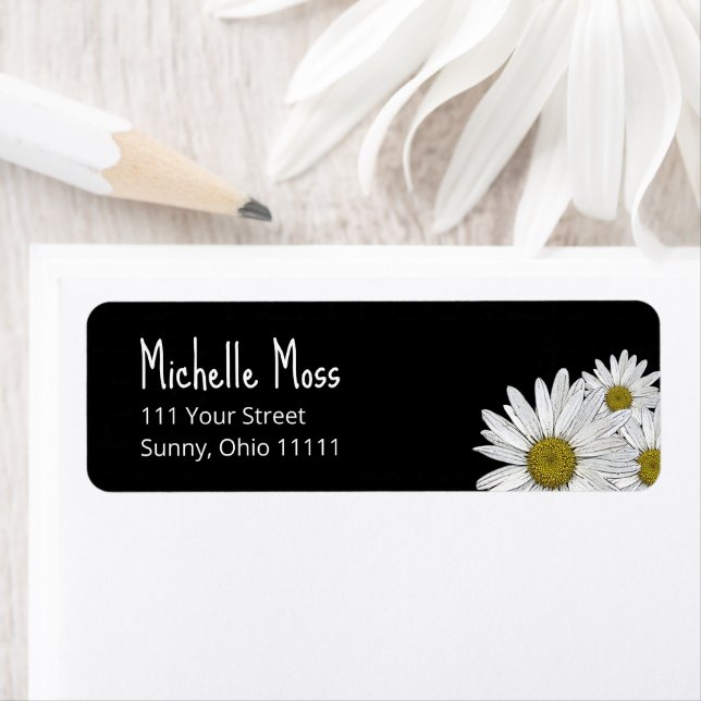 Botanical Whimsical Daisies Black Return Address (Insitu)