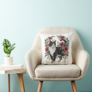 Botanical Whiskers: Folk Art Floral Cat Cushion