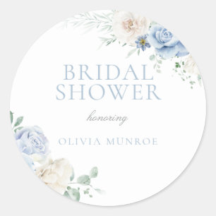 Botanical White & Blue Floral Bridal Shower Classic Round Sticker
