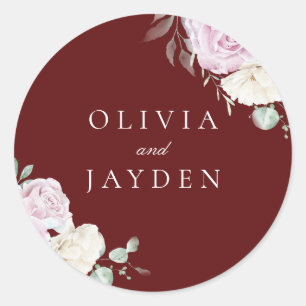 Botanical White & Blush Floral Burgundy Wedding Classic Round Sticker