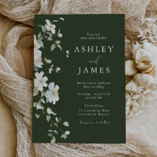 Botanical White Floral Emerald Green Wedding Invitation