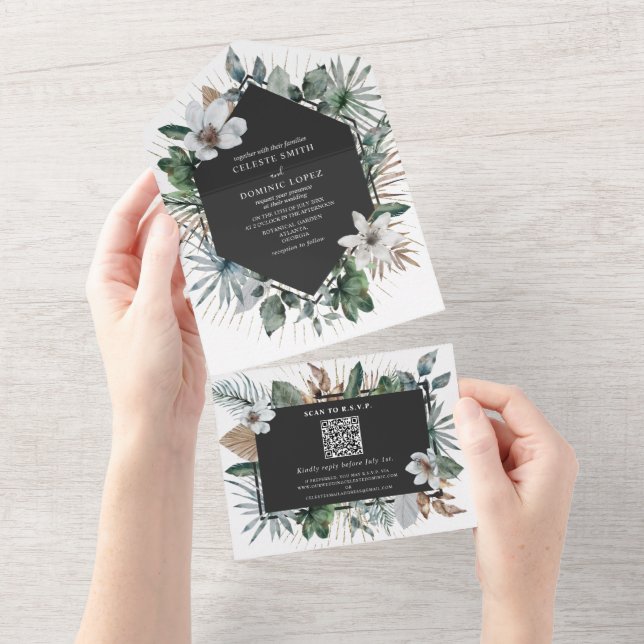 Botanical White Floral Geometric Wedding and RSVP All In One Invitation (Tearaway)