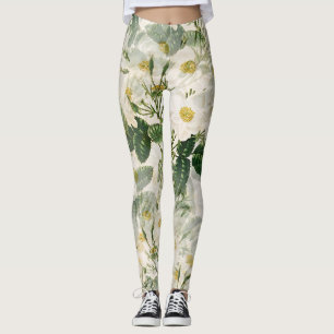 Botanical White Flowers and Green Leaves pattern Leggings