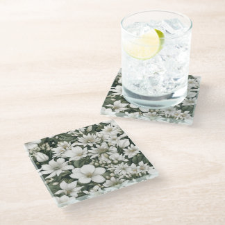Botanical white flowers on green leaves glass coaster