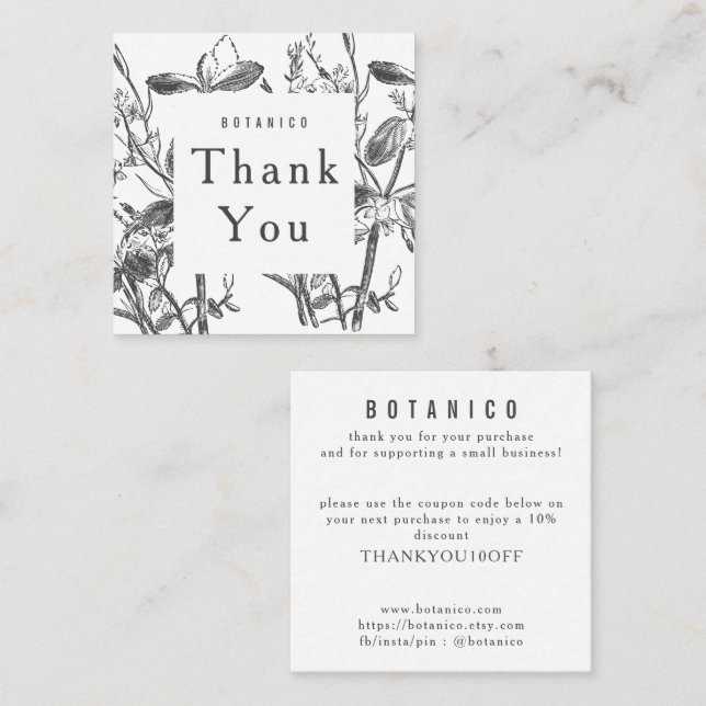 Botanical White Grey Floral Modern Thank You Square Business Card (Front/Back)