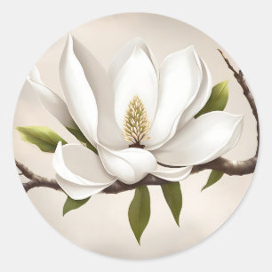 Botanical White Magnolia Classic Round Sticker