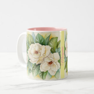 Botanical White Magnolia Flowers Watercolor Custom Two-Tone Coffee Mug