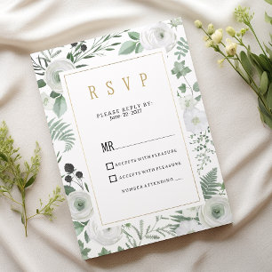 Botanical white mint berries floral RSVP Invitation
