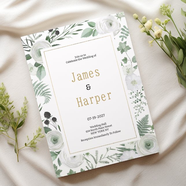 Botanical white mint berries floral Wedding Invitation (Botanical white mint berries floral Wedding )