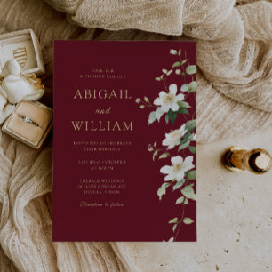 Botanical White Wildflower Burgundy Wedding Invitation