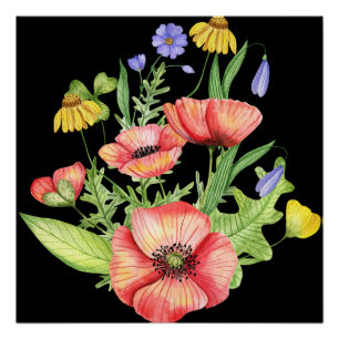 Botanical Wildflower Bouquet Watercolor Art Poster
