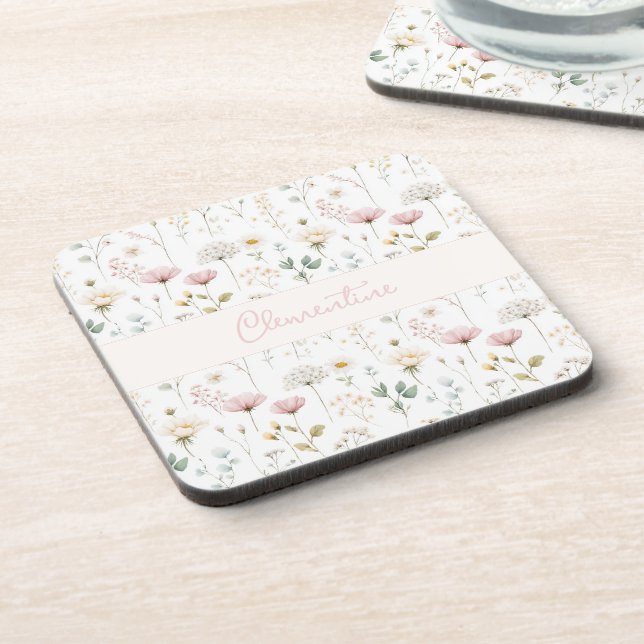Botanical Wildflower Custom Name Dusty Pink Sage  Coaster (Left Side)