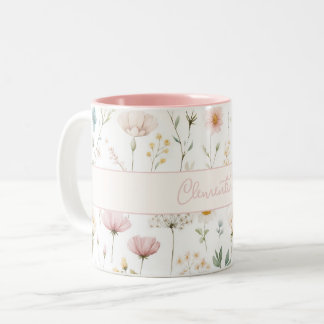 Botanical Wildflower Custom Name Dusty Pink Sage Two-Tone Coffee Mug