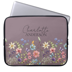 Botanical Wildflower Custom Name Hazy Purple Laptop Sleeve