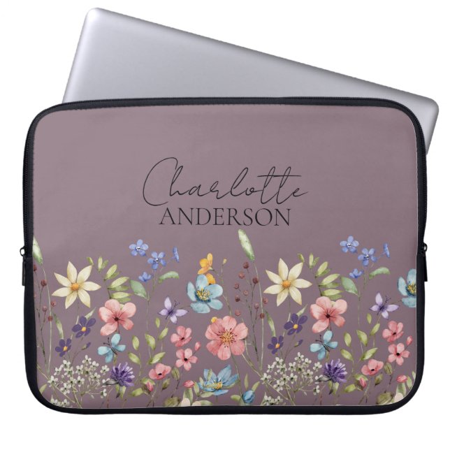 Botanical Wildflower Custom Name Hazy Purple Laptop Sleeve (Front)