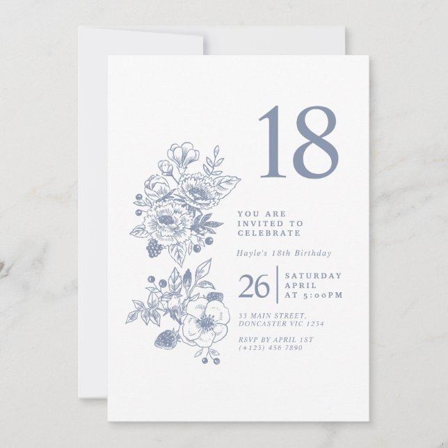 Botanical Wildflower Dusty Blue 18th Birthday Invitation (Front)