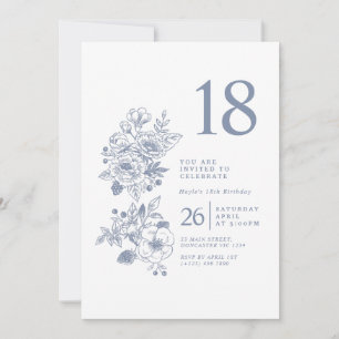 Botanical Wildflower Dusty Blue 18th Birthday Invitation