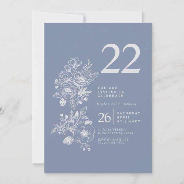 Botanical Wildflower Dusty Blue 22nd Birthday Invitation (Front)